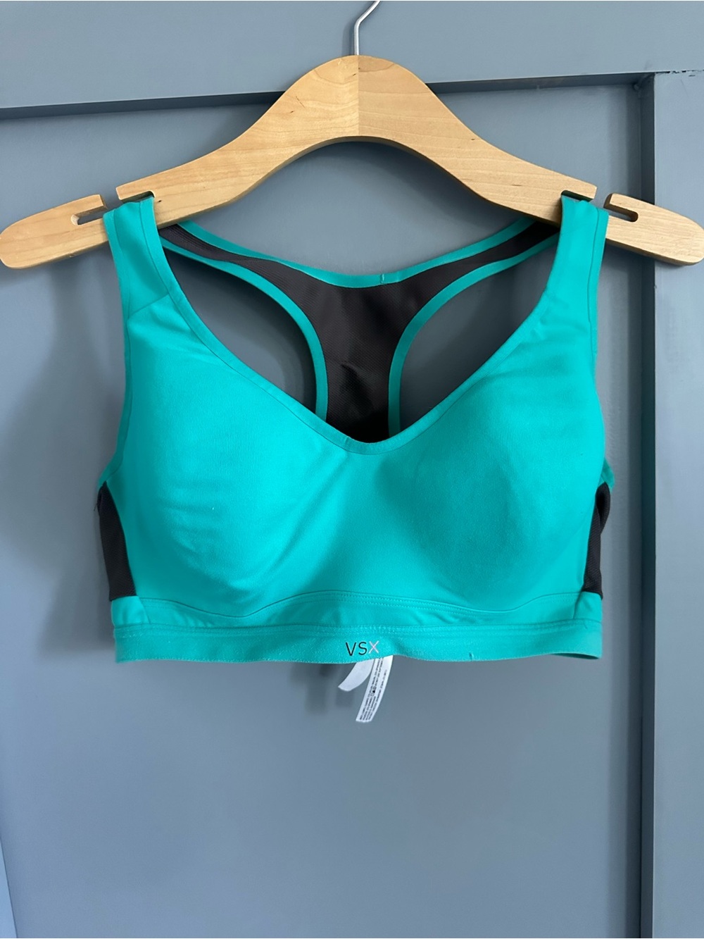VSX Sexy Sport Turquoise Black Sports Bra 38D Racerback Hook & Eye Logo Solid